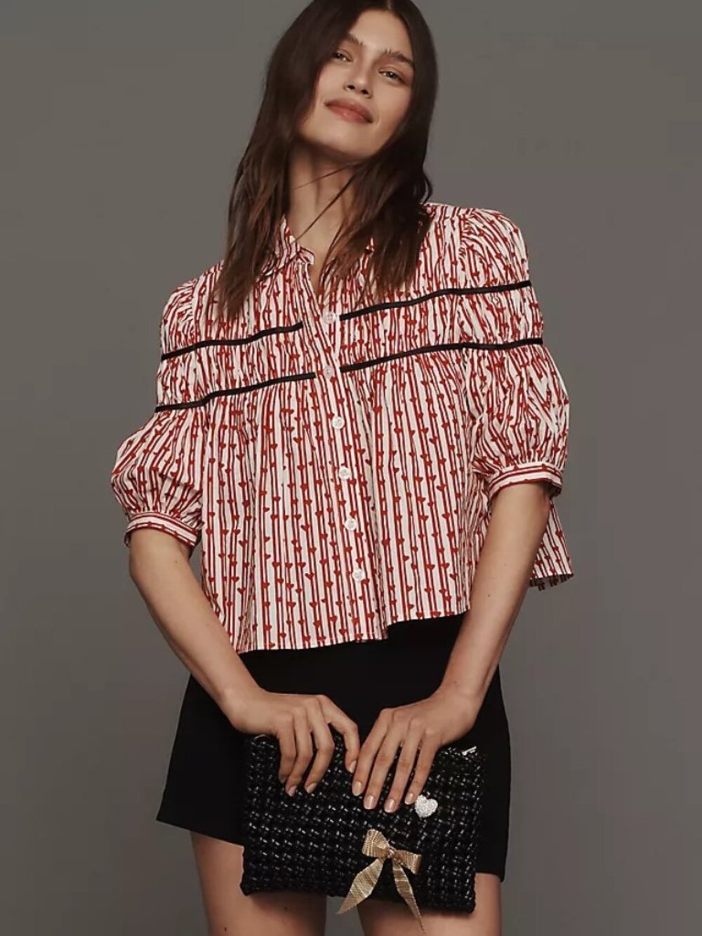 Anthropologie The Leandra Shirred Yoke Blouse by Maeve xxs red hearts new